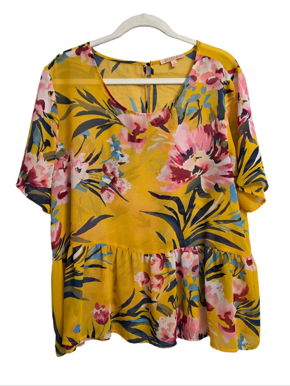 Gibson Latimer Floral Ruffle Short Sleeve Sheer Blouse Size Medium